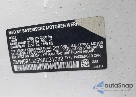 2022 BMW 330I z USA, uszkodzony, nr VIN 3MW5R1J05N8C31082